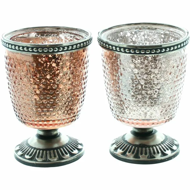 Moortje Windlichten - 2 set - Glas - op voet - Ø7 x H10cm - antiek zilver