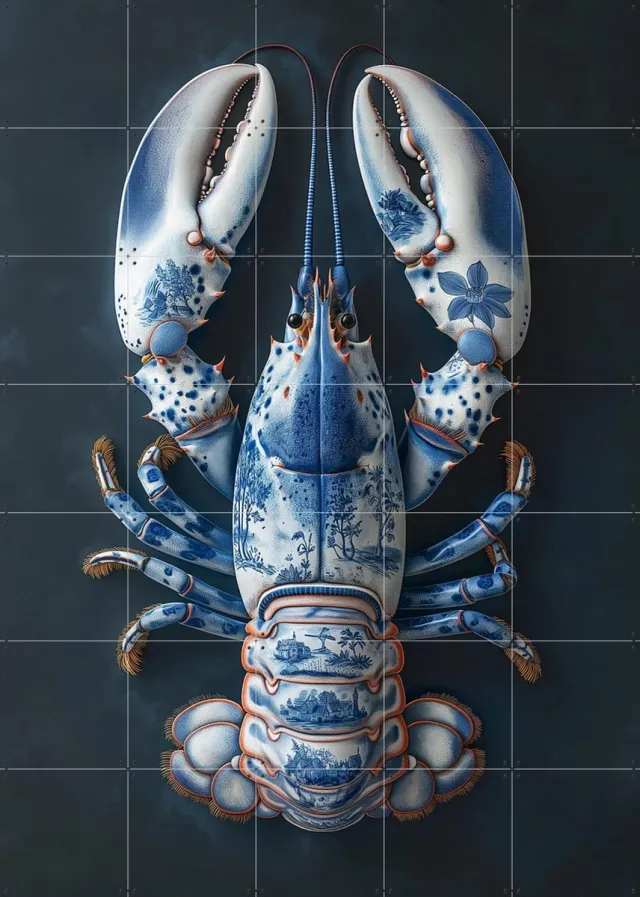 IXXI Delfts Blauwe kreeft - Zwart, Margriet Hulsker - 100 x 140 cm - Grote wanddecoratie en posters - Realisme, Woonkamer, Keuken, Eetkamer, Eten & Blauw / Koele tinten
