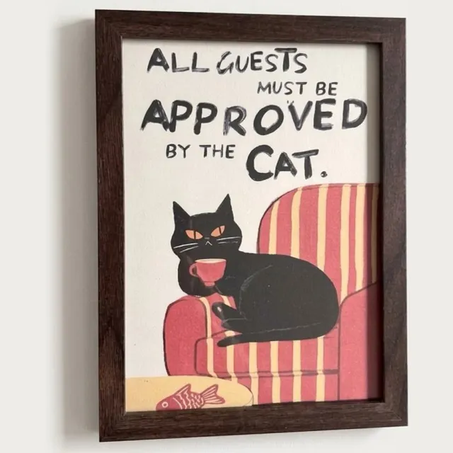 KAE Design Poster - Cat Approves Guests - Art Print - 13x18cm - Framed bruin