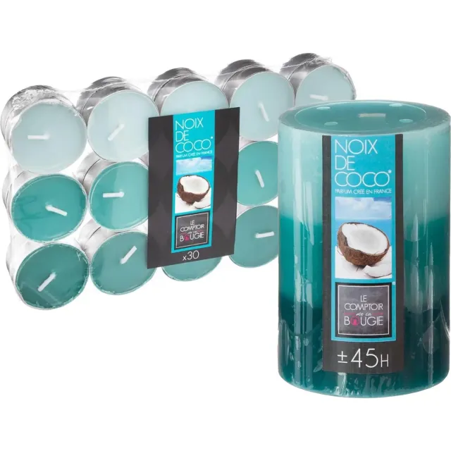 Atmosphera Geurkaarsen set - 1x stompkaars en 30x theelichtjes - Kokos Blauw
