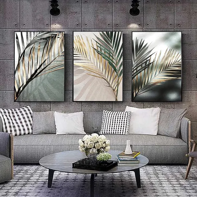 Trayosin Set van 3 premium posters, abstracte gouden bladeren, moderne wandafbeeldingen, stijlvolle poster, wanddecoratie voor woonkamer en slaapkamer, zonder fotolijst (40 x 50 cm) 40X50