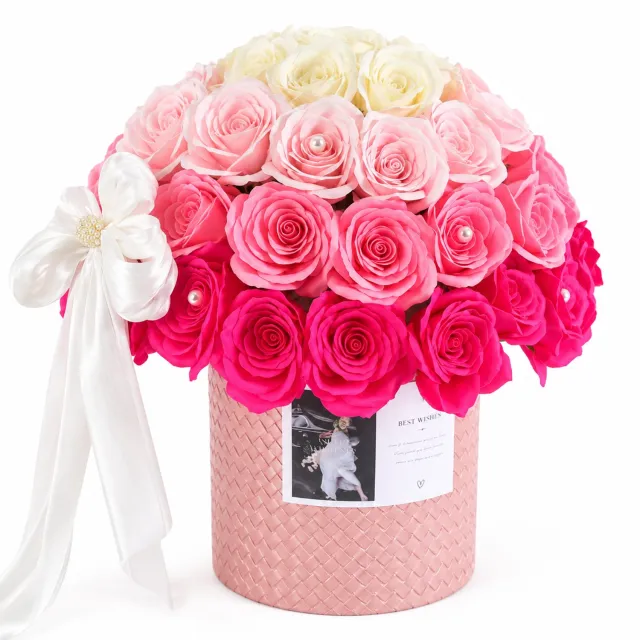 La Roselle Amsterdam Kunstbloemen Rozenarrangement Roze Ombre – Rozenboeket in Roze Sierpot LA ROSELLE AMSTERDAM