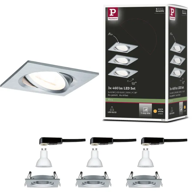 Paulmann LED-inbouwlamp 3-Step-Dim Nova Basisset zwenkbaar hoekig 84x84 mm 50° GU10 3x6,5W 3x460lm 230V dimbaar 2700K Alu gedraaid