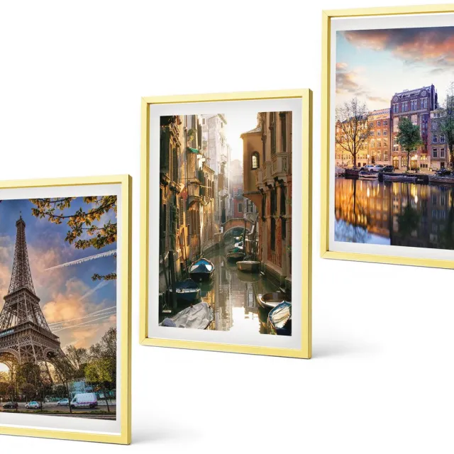 Coloray 3-Delige Schilderij Set - Abstracte, Geschilderde Natuurgezichten - 40 x 40 cm En 40 x 60 cm - Stijlvolle Muurdecoratie - Kantoor Gouden lijst