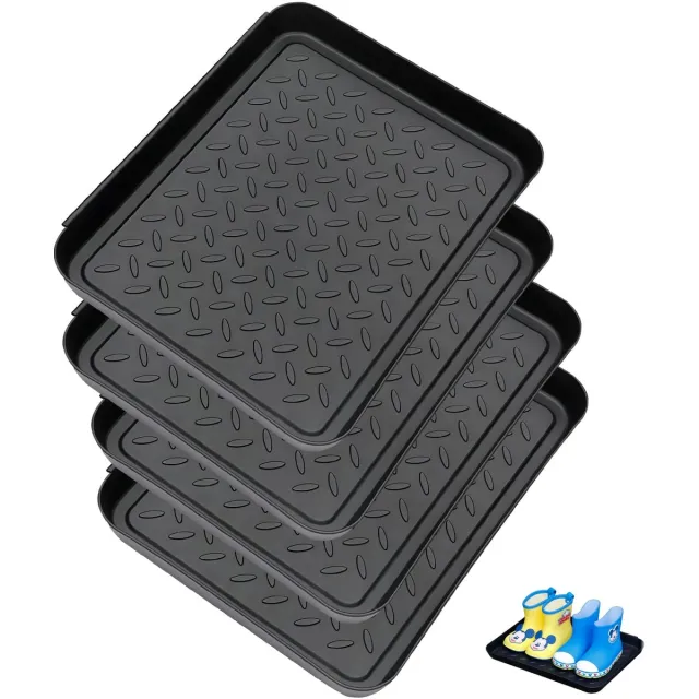 Famanu Set van 4 schoendruippen: schoenendoos 35 x 27,5 x 3 cm, zwart schoenenrek, schoenlekbak, plastic schoenenmat, hoge rand druipmat, schoenenrek, waterdicht