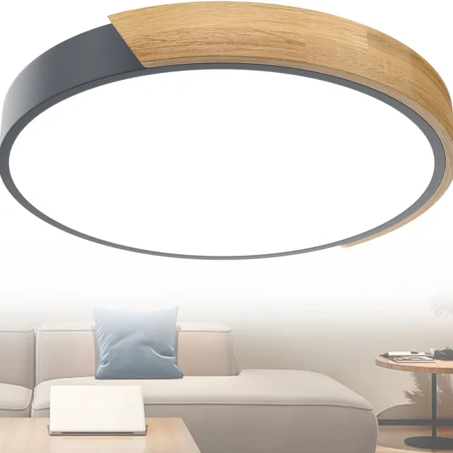 Froadp Plafondlamp hout LED-plafondlamp hout Moderne plafondlampen Rond Lampen Plat Woonkamerlamp Slaapkamerlamp Lamp hout voor hal Keuken Lounge Balkon - Grijs frame - 60W Koud wit 60W Grijs koud licht
