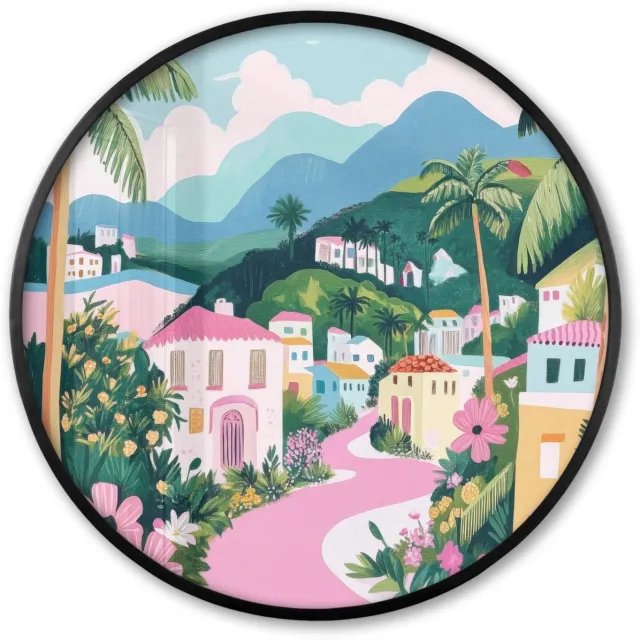 FrameYourWall Poster in lijst Rond - Fotolijst 80x80 cm - Posters - Kleurrijk - Huizen - Heuvels - Roze - Ronde posterlijst zwart - Decoratie - Wanddecoratie woonkamer - Muurdecoratie slaapkamer