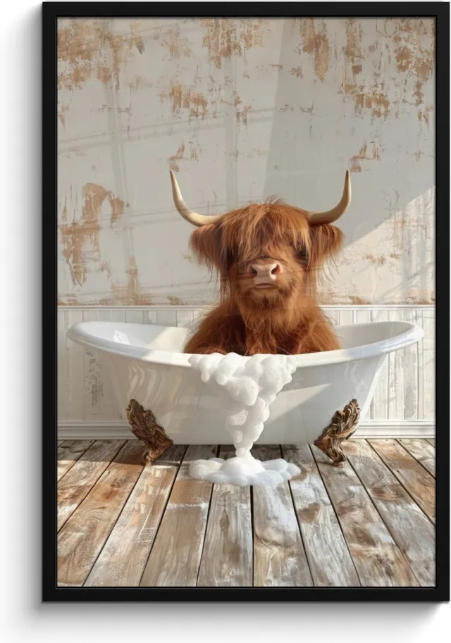 FrameYourWall Poster in lijst - Fotolijst 60x90 cm - Posters - Schotse hooglander - Badkuip - Vintage - Koe - Posterlijst zwart - Wanddecoratie badkamer - Muurdecoratie WC - Decoratieve accessoires - Toilet muur decoratie