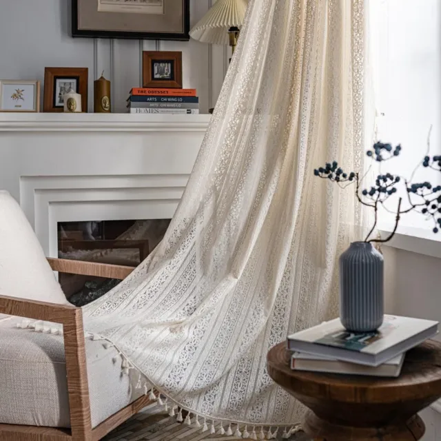 Hoomall Vintage landhuisstijl gehaakt gebreid gordijn Boho Boheemse gordijnen uitgehold met kwast set van 2 gordijnen outdoor katoenen gordijnen voor woonkamer slaapkamer gordijnen 150 x 160 cm beige