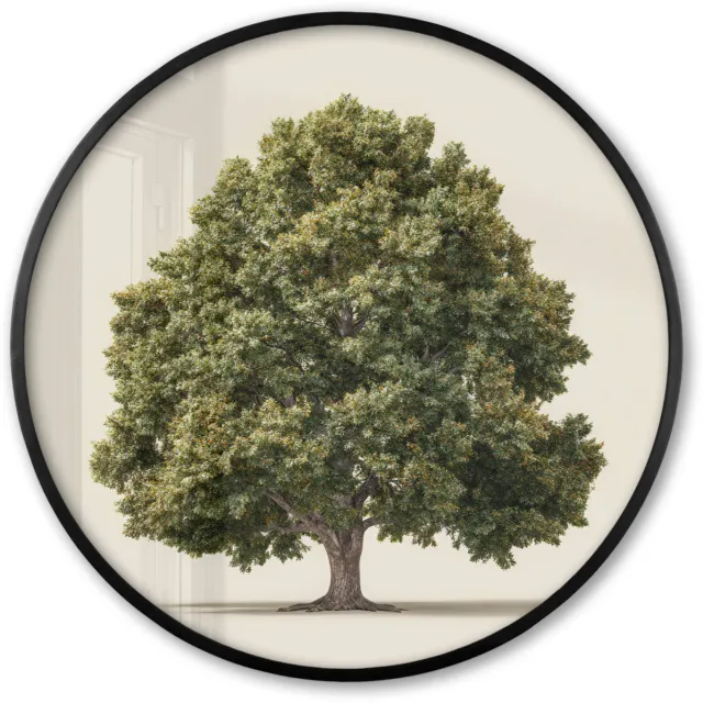 FrameYourWall Poster in lijst Rond - Fotolijst 80x80 cm - Posters - Eikenboom - Groen - Lichte achtergrond - Ronde posterlijst zwart - Decoratie - Wanddecoratie woonkamer - Muurdecoratie slaapkamer