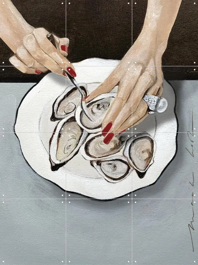 IXXI Ohlala Oysters, Maaike Koster & My Deer Art Shop - 60 x 80 cm - Grote wanddecoratie en posters - Olieverf, Realisme, Illustraties, Keuken Koele tinten / Bruin / Wit / Beige
