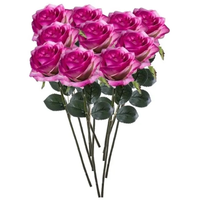 Bellatio Flowers & Plants Emerald Kunstbloemen roos - 10x - rozen - Simone - fuchsia - 45 cm - decoratie bloemen Paars