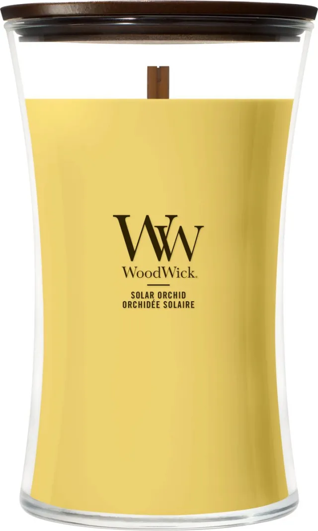 Woodwick Hourglass - Solar Orchid - Large Geurkaars - 130 branduren Wit