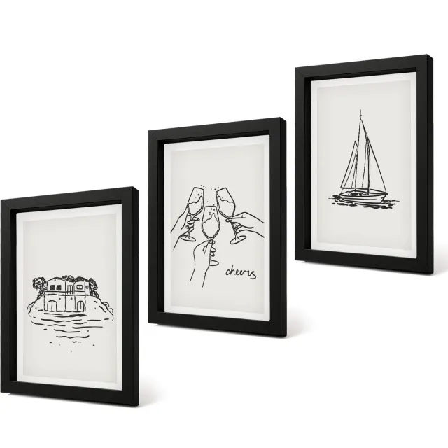 Coloray 4-Delige Schilderij Set - Uitzicht op het water, een huis dat proost met glazen en een zeilboot. - 20 x 30 cm - Decoratieve Schilderijen - Woonkamer - Interieur Zwarte lijst