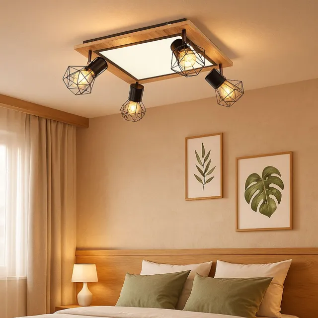 Globo LED plafondlamp hout lamp woonkamerlamp eetkamerlamp, geheugenfunctie beweegbare spots, 24W 1800lm 3000K warm wit, H 22,5 cm Zwart