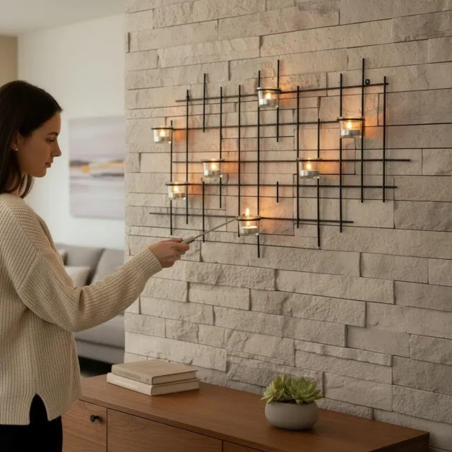 ‎DanDiBo DanDiBo Wandtheelichthouder voor 7 theelichtjes - Zwart metaal - 83 cm