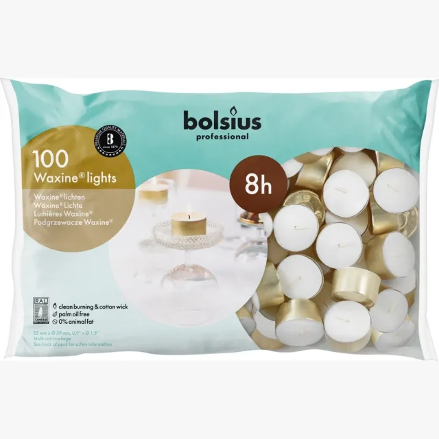 Bolsius Waxinelicht 8 uur - Wit en Goud - 100 stuks - Theelichtjes Wit - Goudkleurige cup