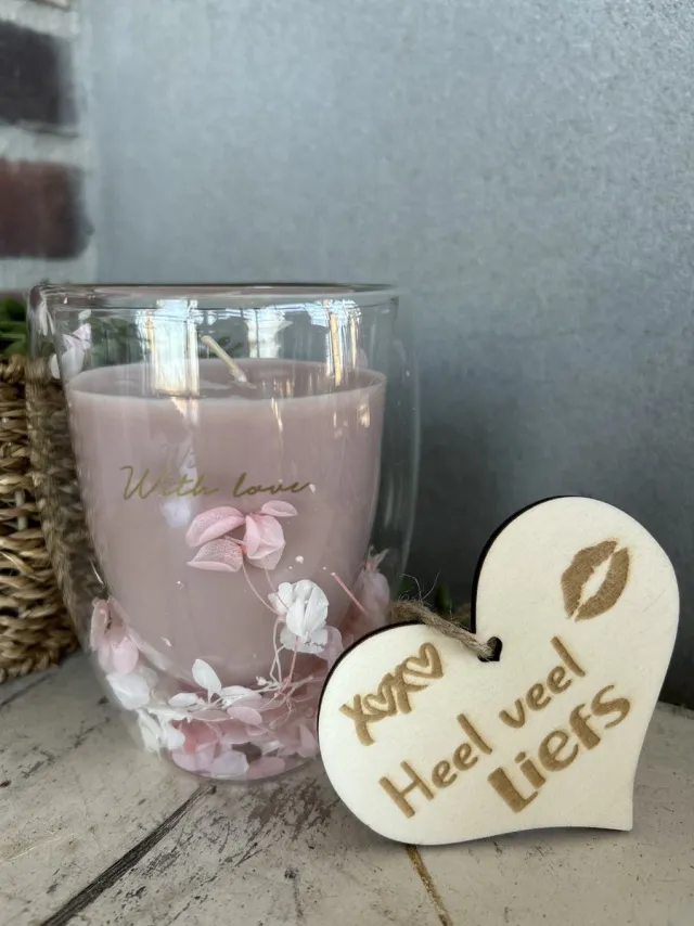 Creaties van hier Theeglas - Sojakaars with love met houten hartje - FRESH COTTON - Glas