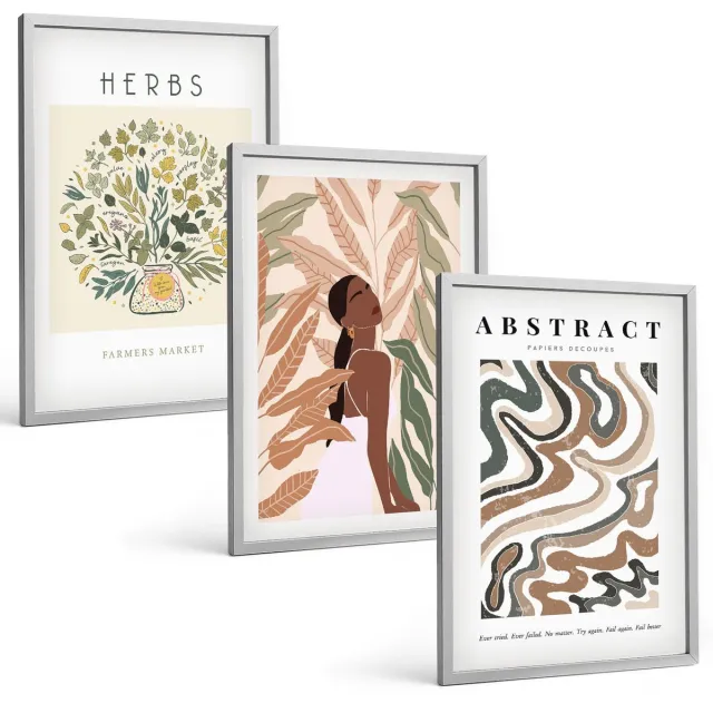 TULUP 4-Delige Schilderij Set - Boho-esthetiek, pastelkleurige minimalistische posters - 40 x 60 cm - Muurdecoratie - Wanddecoratie - Slaapkamer - Stijlvolle Muurdecoratie Zilveren lijst