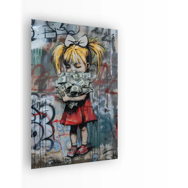 Indoorart Glasschilderij Streetart Sad Money 80x120 CM - Afbeelding op plexiglas - Inclusief montagemateriaal geel, groen, rood, zwart, blauw