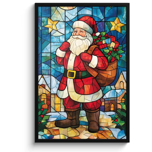 FrameYourWall Poster in lijst - Fotolijst 60x90 cm - Posters - Kerstman - Glas - Kleurrijk - Posterlijst zwart - Decoratie - Wanddecoratie woonkamer - Muurdecoratie slaapkamer - Kerstversiering - Kerstdecoratie voor binnen - Kerstmis
