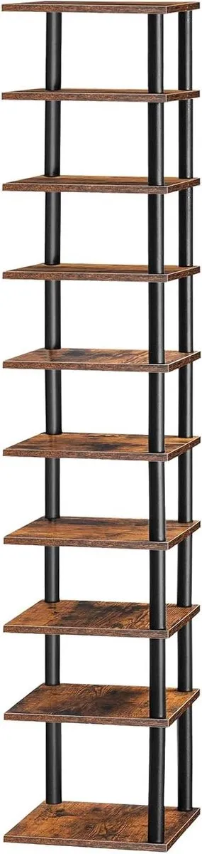 Allecto Plus Verticaal schoenenrek met 10 plankjes voor kleine ruimte - Schoenenopbergorganizer - Kast voor hal gang slaapkamer - Rustiek bruin en zwart - 28 cm x 28 cm x 173 cm Any