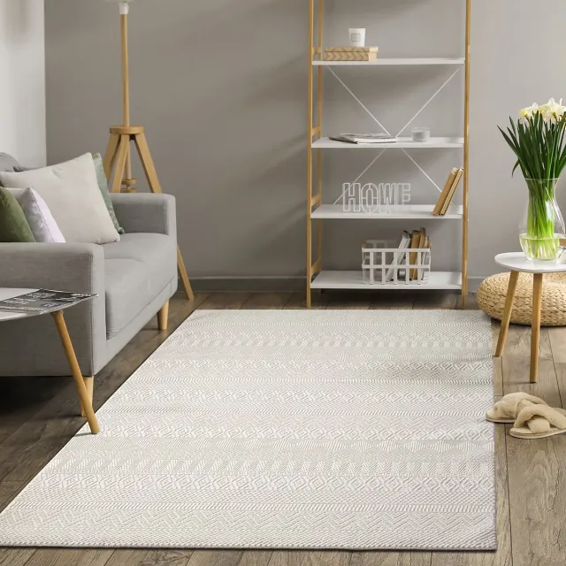 the carpet Lima – duurzaam designer vloerkleed, wasbaar & onderhoudsvriendelijk, 3D-structuur, gerecycled polyester, crème, 80 x 150 cm crème met fijn geometrisch 3D-patroon