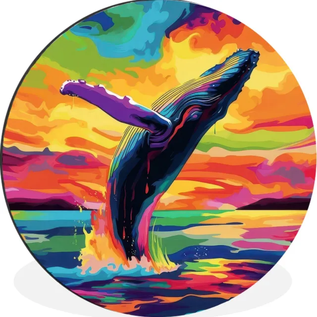 WallCircle Wandcirkel - Muurcirkel - Zonsondergang - Walvis - Geschilderd - Kleurrijk - Aluminium - Dibond - 90x90 cm - Binnen en Buiten Walvis - Kleurrijk