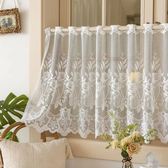 VHV Gordijnen - Vitrage - Valletje - Set van 2 - Kant - Geborduurd - Landelijk - Voor keuken en woonkamer - Lichtdoorlatend - 180*70cm - Stijl 2 - Wit