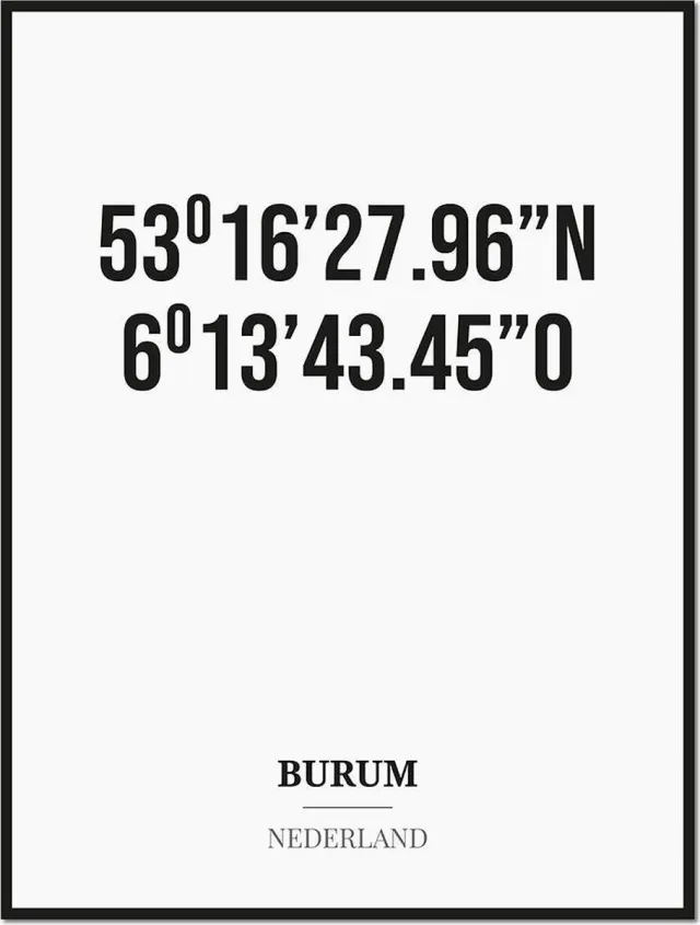 Studio216 Poster/kaart BURUM met coördinaten zwart, wit