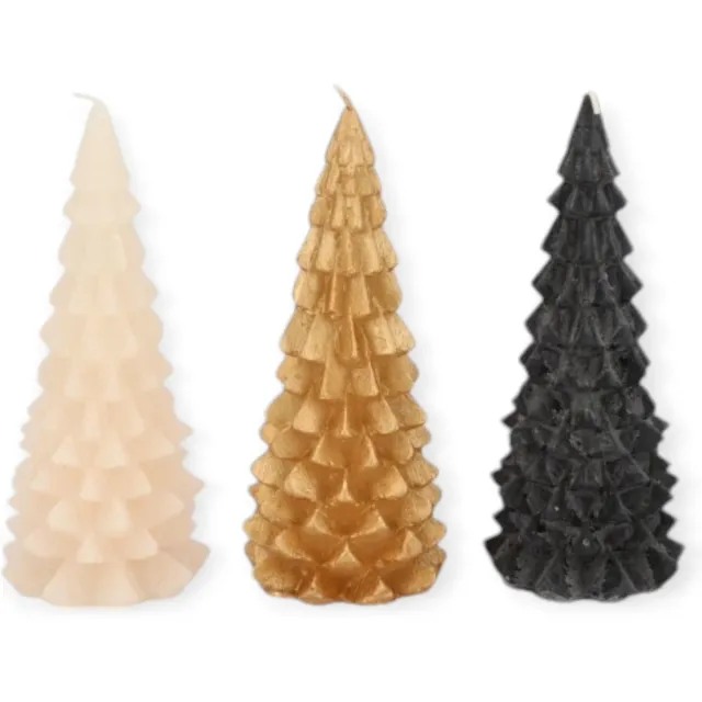DK design Daan Kromhout - Kerstboom kaarsen - Set/3 - Zwart, Goud en Creme - 8x16cm