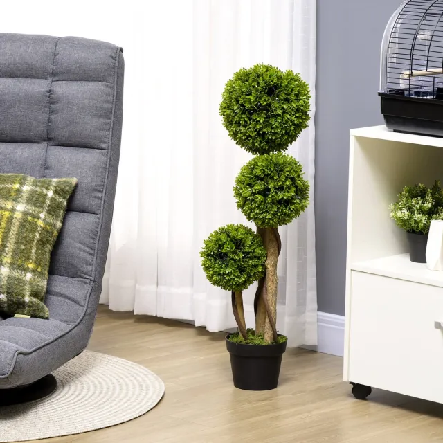 MODFU Kunstplant - Buxus - Drie Bollen - Voor Binnen & Buiten - Met Pot - Groen - 90 Cm Green
