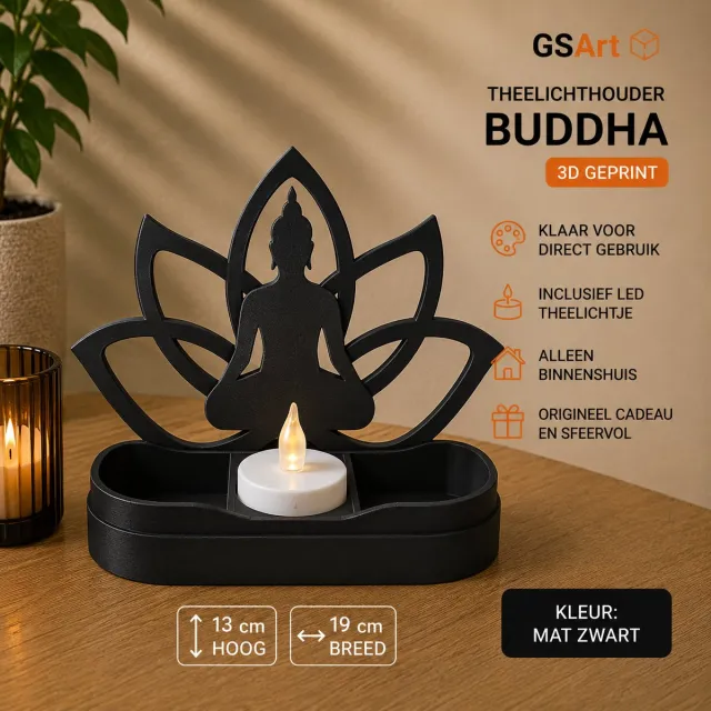 GSArt Theelichthouder Buddha 19cm – Lotus – Inclusief LED Theelichtje - Mat Zwart