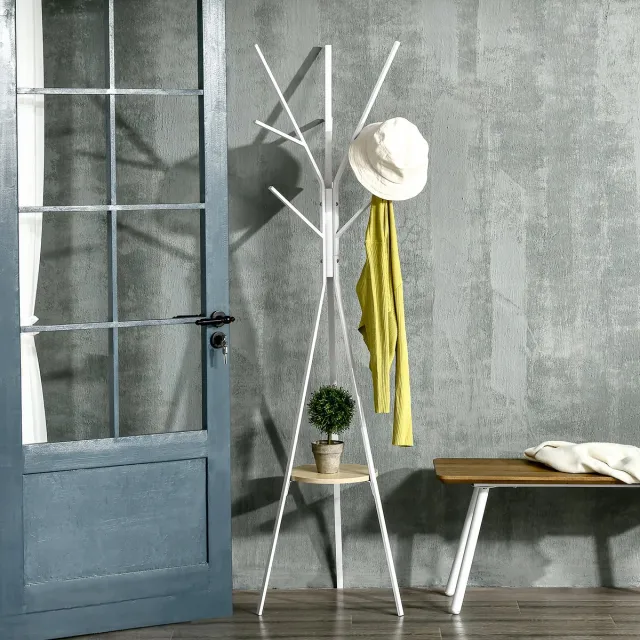 MODFU Kapstok 45x45x180 cm van metaal en MDF, vrijstaand met 8 haken en 3 kledingstangen, wit