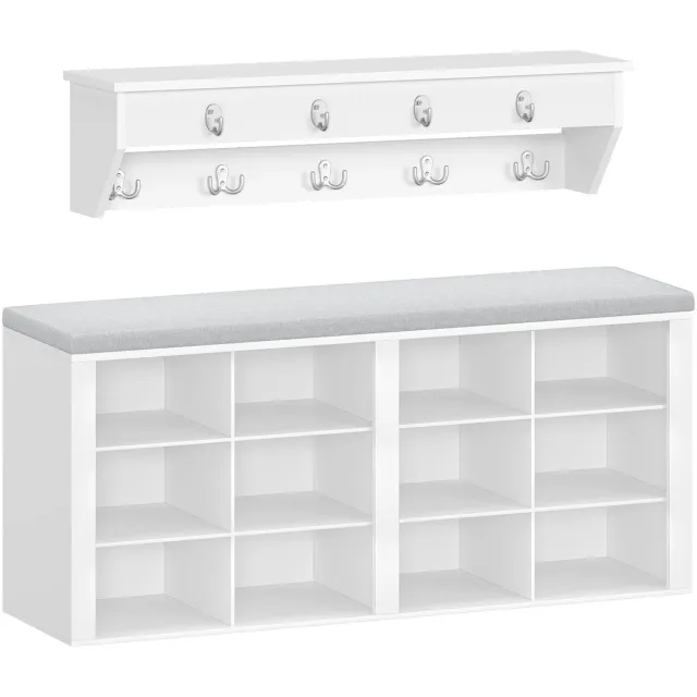 Gudalio Kapstok met Bank - Wandkapstok - Schoenenrek - Schoenenbank - 30x104x49 cm - 9 Haken - 12 Vakken - Hout - Wit & Lichtgrijs
