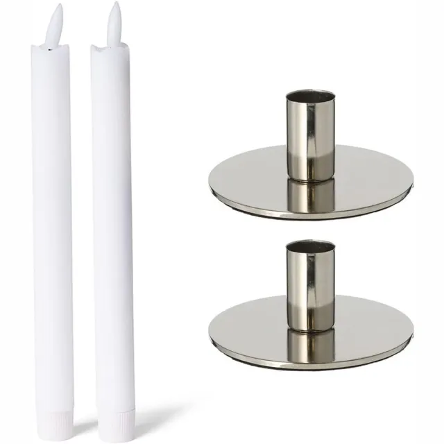 Novaliv Set van 2 kaarsenhouders van metaal zilver 10x5cm met LED-lampjes, echte wax, elektrisch, op batterijen, vlamloos, vintage kaarsenhouder, retro woondecoratie, kersttafeldecoratie, kandelaar