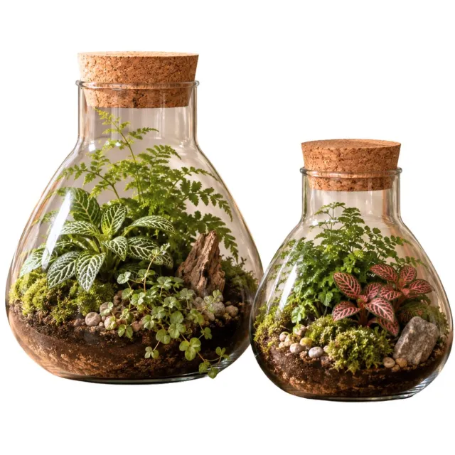 Mica Decorations Vaas Terrarium - set 2x - rond - met kurk - glas - 18 / 24 cm - transparant