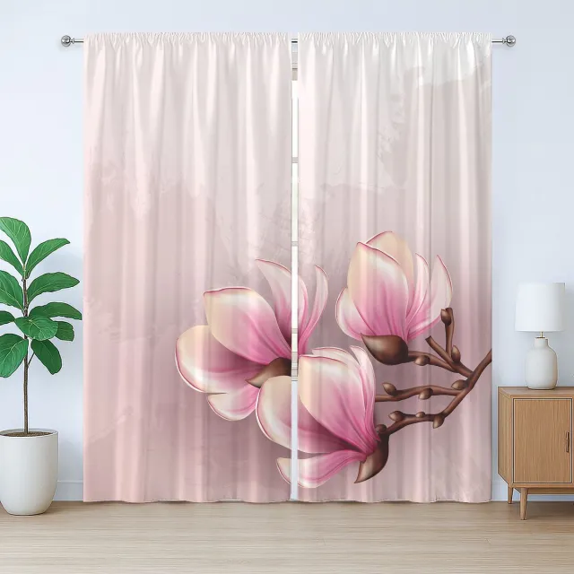 ABAKUHAUS Magnolia Rustiek Gordijn, Fragiele Bloemblaadjes, met Bandjes en Lussen voor de Woonkamer, 280 x 245 cm, Babyroze Bruine Roos