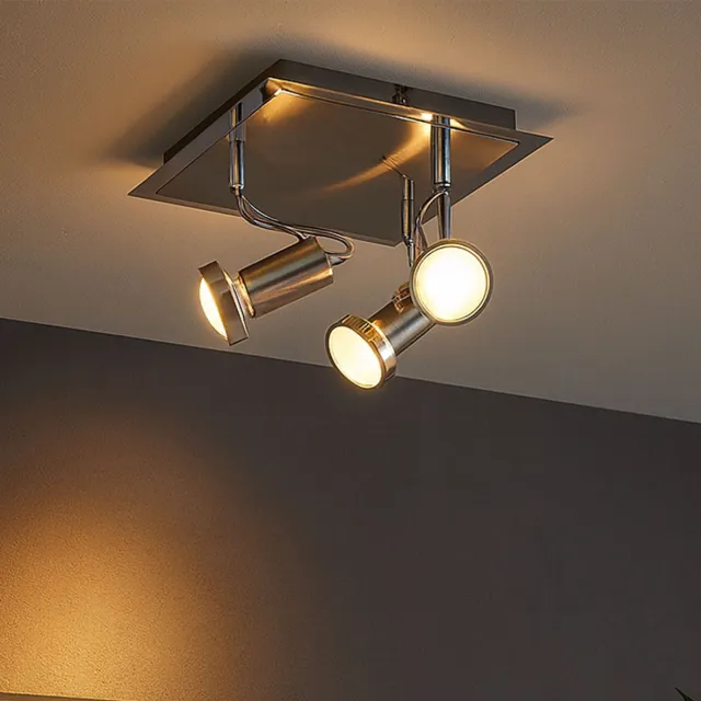 ESTO Plafondspot zwenkbare LED plafondlamp spots zilver chroom hoekige 3-vlam verstelbaar, chroom, geborsteld staal, 3x 3W 3x 240Lm warm wit, LxB 23x23 cm