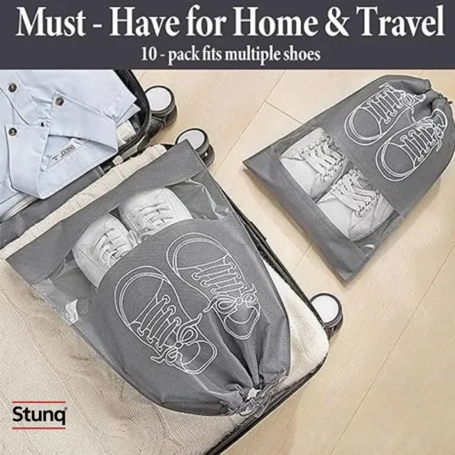 Stunq Schoenen Organizer Tassen – 10 stuks Waterdichte Stofzakken met Trekkoord en Transparant Venster Grijs