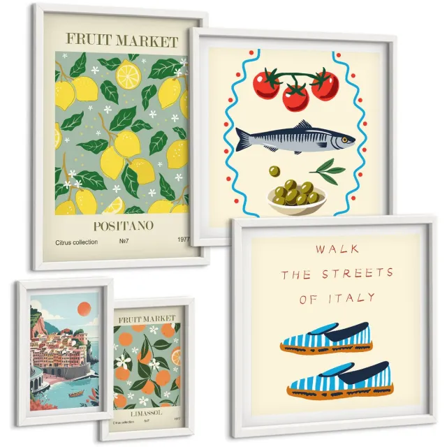 TULUP 4-Delige Schilderij Set - Verzameling van fruit en lokale markten uit Italië en het Middellandse Zeegebied - 50 x 50 cm, 20 x 30 cm en 40 x 60 cm - Muurdecoratie - Wanddecoratie - Hal - Woonkamer Decoratie Witte lijst