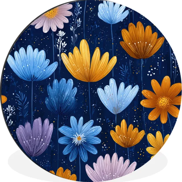 WallCircle Wandcirkel - Muurcirkel - Bloemen - Patroon - Blauw - Contrast - Aluminium - Dibond - 120x120 cm - Binnen en Buiten Bloemen - Patroon - Contrast
