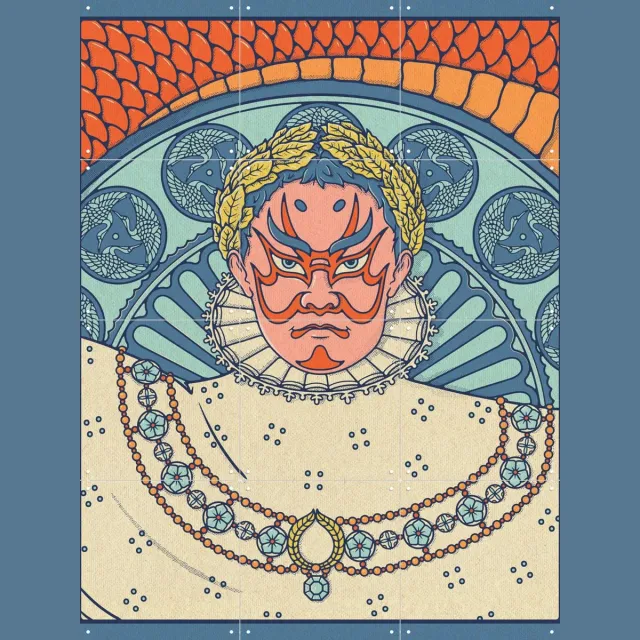IXXI Napoleon and the Mask, Ryan Ragnini - 60 x 80 cm - Grote wanddecoratie en posters - Illustraties, Kleurrijk, Grafisch Ontwerp, Portretten Blauw