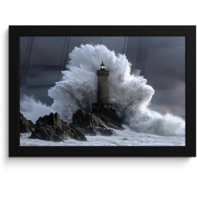 FrameYourWall Poster in lijst - Fotolijst 30x20 cm - Posters - Golf - Vuurtoren - Schuimend water - Posterlijst zwart - Decoratie - Wanddecoratie woonkamer - Muurdecoratie slaapkamer
