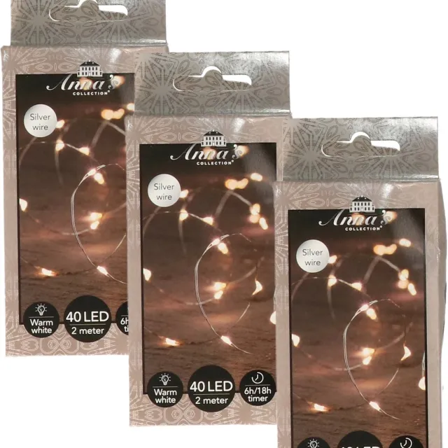 Anna's Collection Draadverlichting lichtsnoer - 3x - 40 led lampjes - warm wit - zilver draad - 200 cm - lichtdraad - kerstverlichting