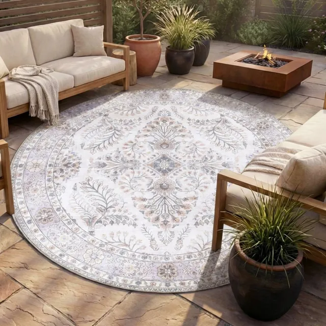 Fraai Rond vintage buitenkleed - Santo Flora Wit - Ø230cm