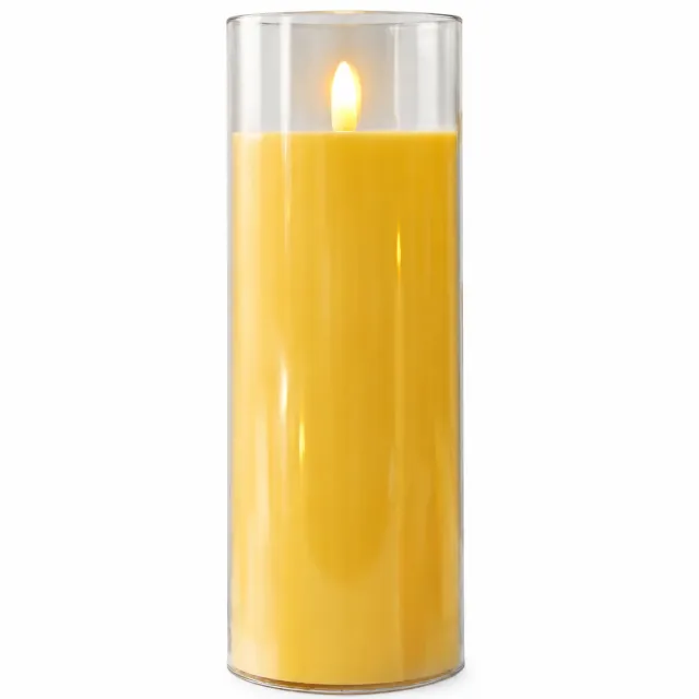 SWGOTA led kaarsen - Acryl kaarslamp 7,5 x 20 cm met vlamvormige lichttop en transparante cilindervorm, voor feest- en tafeldecoratie Geel