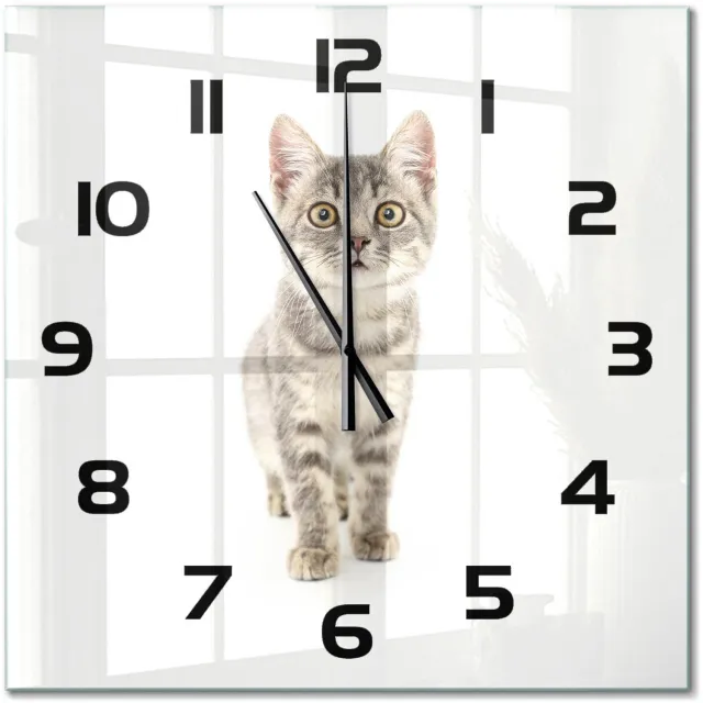 TULUP Wandklok - Grijze kat Wandklok Glas Met Motief - 60x60 cm - Grijs Decoratieve Glazen Klok - Zwarte handen - Vierkante Klok - Gekleurde Glazen Klok - Glazen Klok Met Print