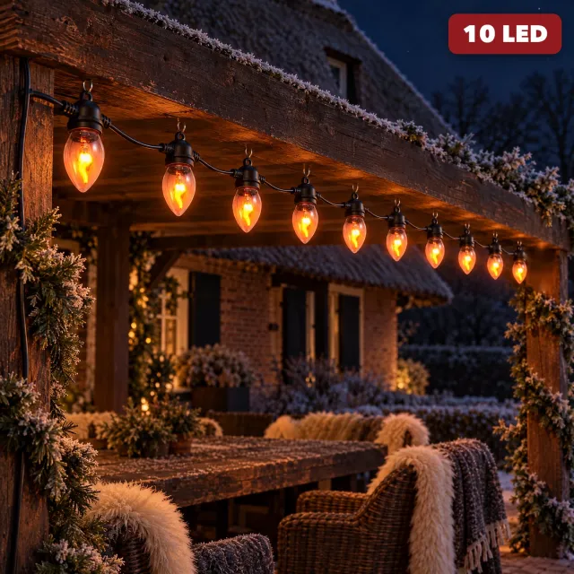 Lomera Vlamverlichting Kerstlampjes - Lichtsnoer met 10 Lampjes en Vlameffect - Kerstverlichting voor Binnen en Buiten - Feestverlichting - Sfeerverlichting - Tuinverlichting - IP44 - Lichtslinger