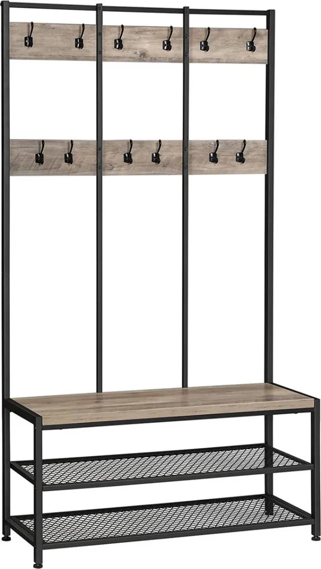 Acaza Kapstok - Kapstok Staand - Kapstok met Schoenenrek - 100 x 40 x 186 cm - Grijs en Zwart